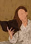 Illustrazione pittorica di donna con capelli castani in camicetta bianca che tiene un libro scuro