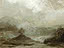 Painterly landscape with dramatic sky, hills, trees, and stream in muted earth tones