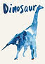 Blå akvarelillustration af en dinosaur med ordet "Dinosaur" øverst