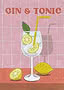 Poster dipinto di un gin tonic in bicchiere con limone, ghiaccio e sfondo di piastrelle rosa