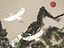 Two white egrets over a misty ink landscape, a dark peak rising through green and grey washes and a red disc as sun