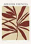 Plakat im Museumsstil mit ATELIER ESENCIA in Antiqua-Versalien über ziegelroten Blättern, die sich über ein sandgelbes Feld fächern