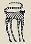 A near-black cat built from cream dashes, with four long legs and a tail looping right over its back, against a bare cream ground