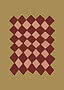 A block of harlequin diamonds in deep wine and dusty salmon set on a flat mustard ground, with wobbling hand-painted edges