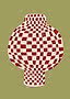 A round-bellied vase covered edge to edge in a red and cream checkerboard that bends with its curve, against a flat olive ground