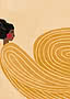 A woman in profile with dark hair pinned up and a round of red on her cheek, beside a large golden form drawn in concentric lines on cream