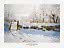 Claude Monet poster showing a snowy landscape, fence, magpie on a gate, and houses in the background