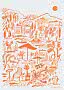 Paisaje mediterráneo ilustrado con casas, árboles, terraza, sombrillas y sol naranja