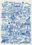 Scena mediterranea illustrata in blu e bianco con ville, alberi, ombrelloni e fontana