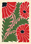 Stilisierte Blumenillustration mit roten Blüten und grünen Blättern auf rosa Hintergrund