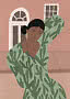 Illustration of woman in a green patterned dress with raised arm in front of a pink building