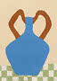 Abstraktes Gemälde einer blauen Vase mit braunen Henkeln auf grün-weiß kariertem Tisch