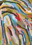 Dipinto astratto con pennellate curve e colorate in blu, giallo, verde, rosa e rosso.
