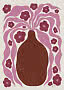 Illustration einer braunen Vase mit rosa geschwungenen Stielen und dunkelroten Blumen