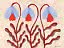 Illustration von drei hängenden blauen Blumen mit roten Blütenblättern und geschwungenen roten Stielen.