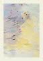 Abstract painting with light brushstrokes in purple, blue and yellow with small red accents