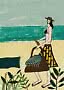 Illustration af kvinde på stranden med stråhat, stor taske og flaske ved havet