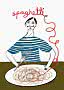 Illustration af moustachemand i stribet trøje, der spiser spaghetti ved et bord