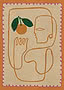 Ilustración abstracta de rostro y mano con una naranja sobre fondo beige con borde naranja y rosa