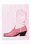Illustration av en rosa cowboystövel med svart klack och vita utskärningar mot rosa bakgrund