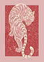 Un tigre en línea crema sobre un panel rojo profundo moteado, con la cabeza vuelta hacia abajo y un margen rosa empolvado