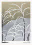 Japanese art print with white frosted grasses and dark stems against soft blue and beige hills