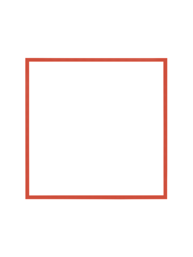 Cornice quadrata in rosso vista frontalmente, con un passepartout bianco che incornicia l’apertura