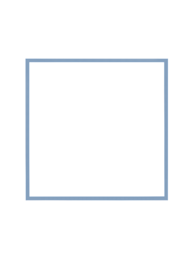 Cornice quadrata in azzurro cielo vista frontalmente, con un passepartout bianco che incornicia l’apertura