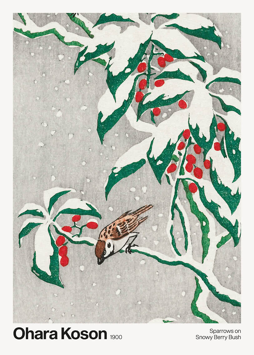Nature poster – Sparrows on Snowy Berry Busch by Ohara Koson