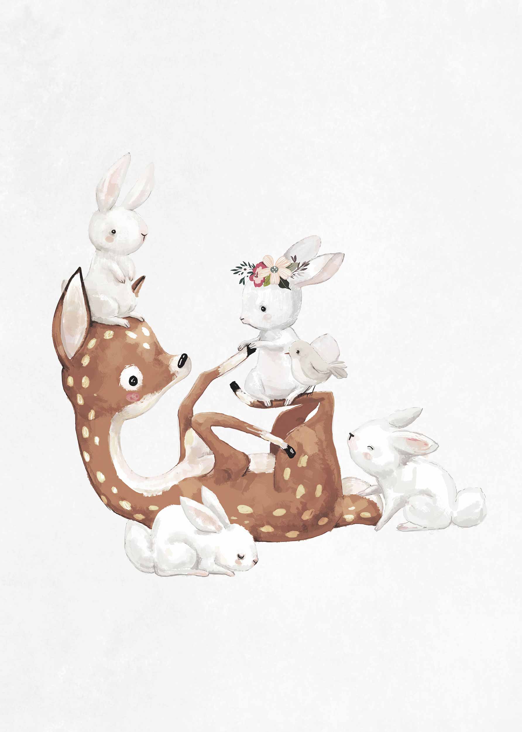 Deer and Bunnies Poster - Tierillustration (30x40 cm)