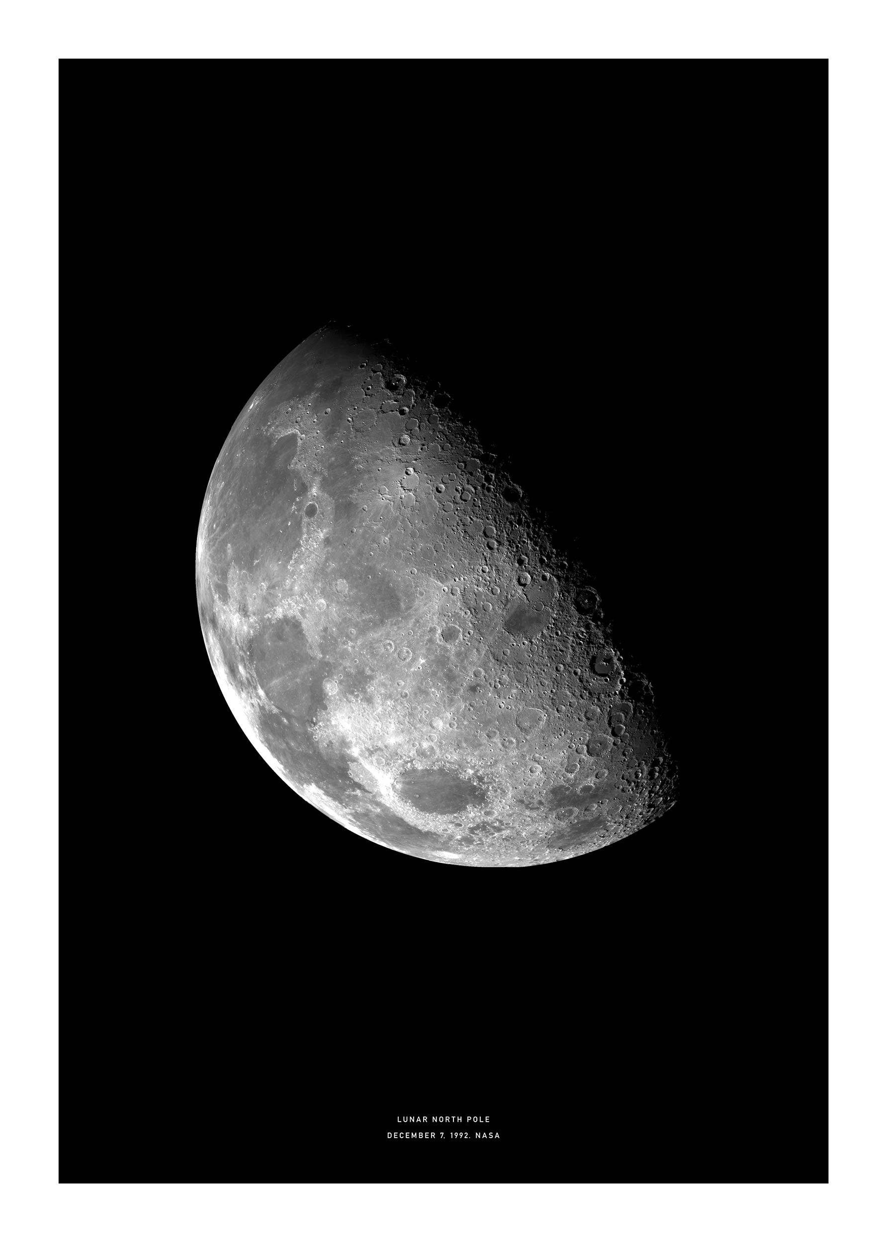 Lunar North Pole Poster - Black and white moon illustration (21x30 cm)