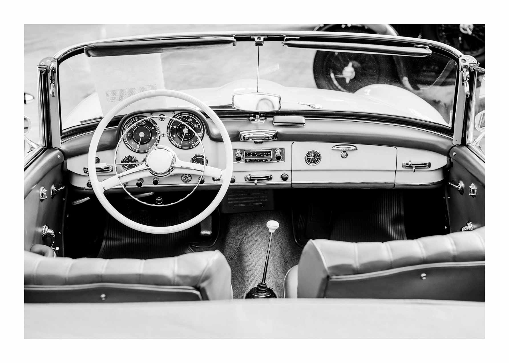 Old Car Dashboard Poster - Black and white interior photography (30x40 cm)