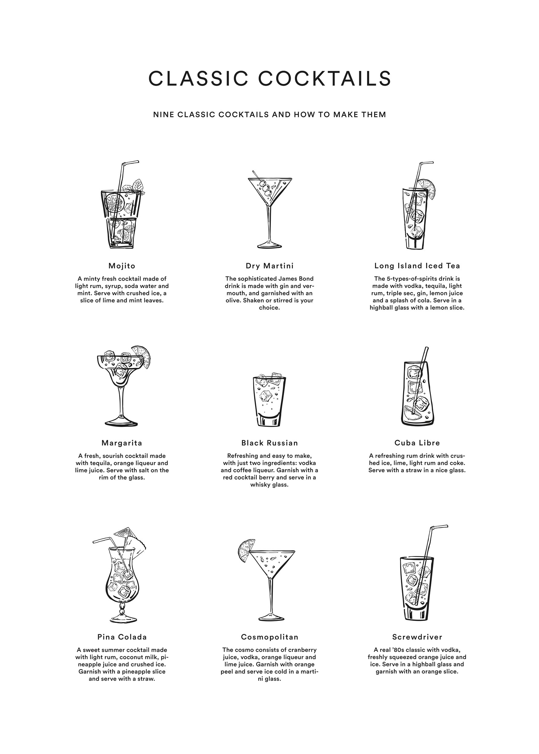 Classic Cocktails Poster - Drink line art (21x30 cm)
