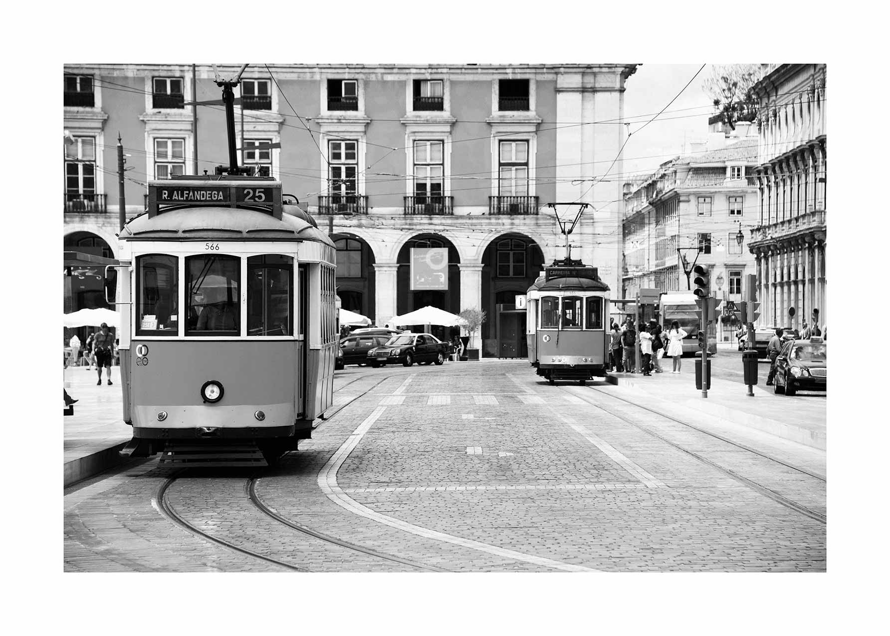 Black & White Trams poster - Black and white city photography (70x100 cm)