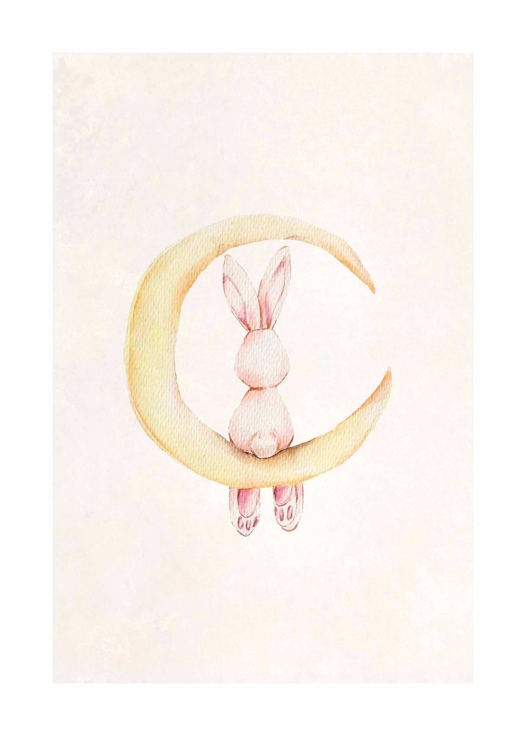 Bunny On The Moon Poster - Animal watercolour (40x50 cm)