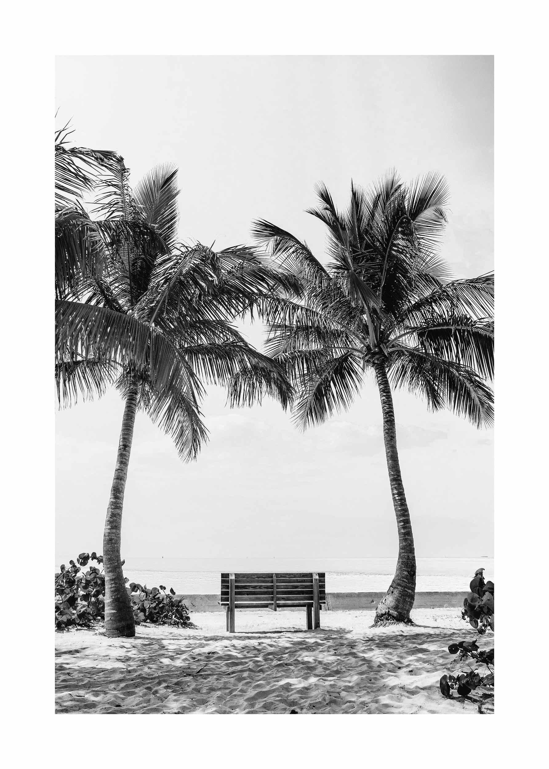 Bench on Beach Poster - Schwarzweiße Strandfotografie (40x50 cm)