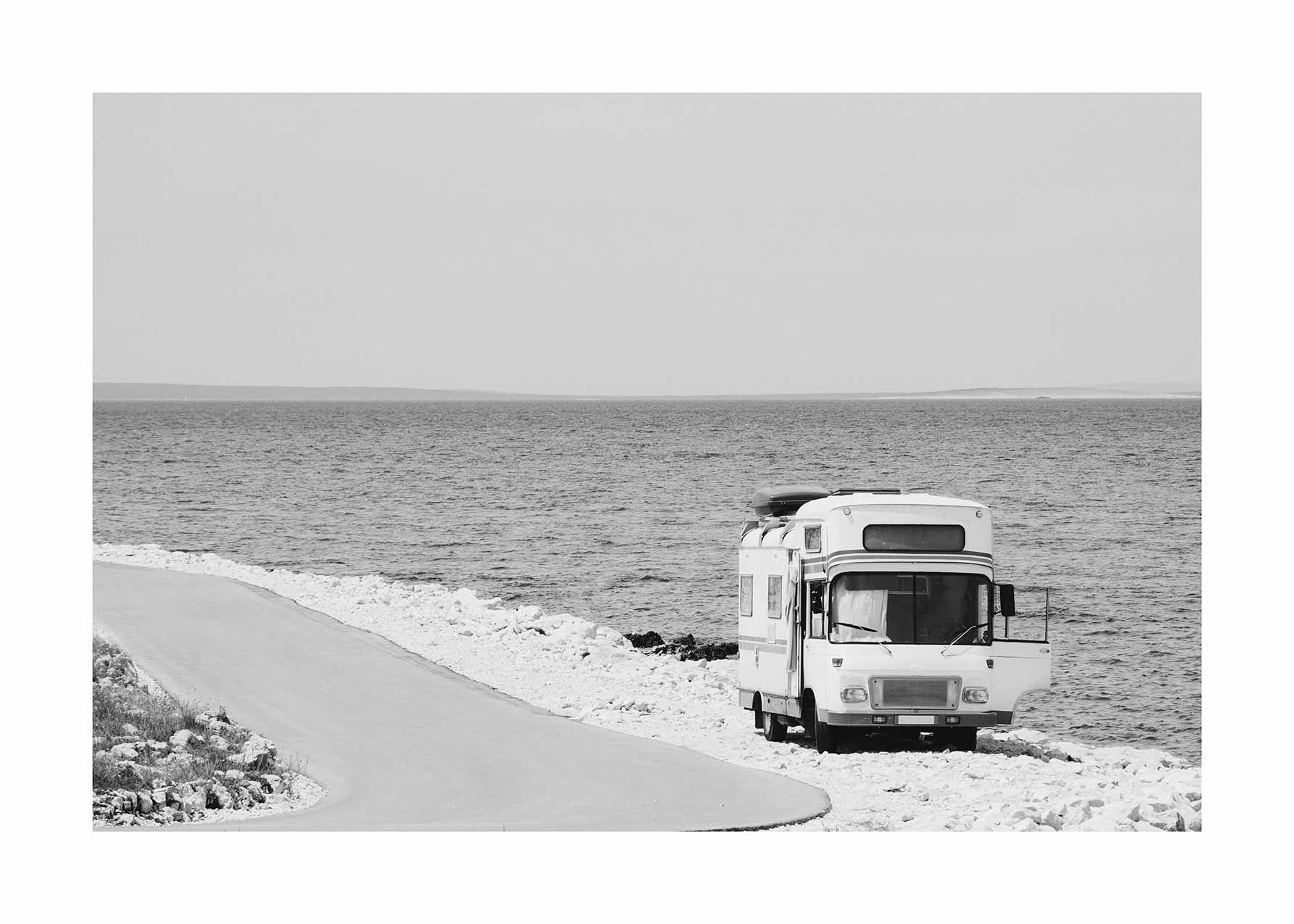 Van Vacation Poster - Black and white coastal photo (50x70 cm)