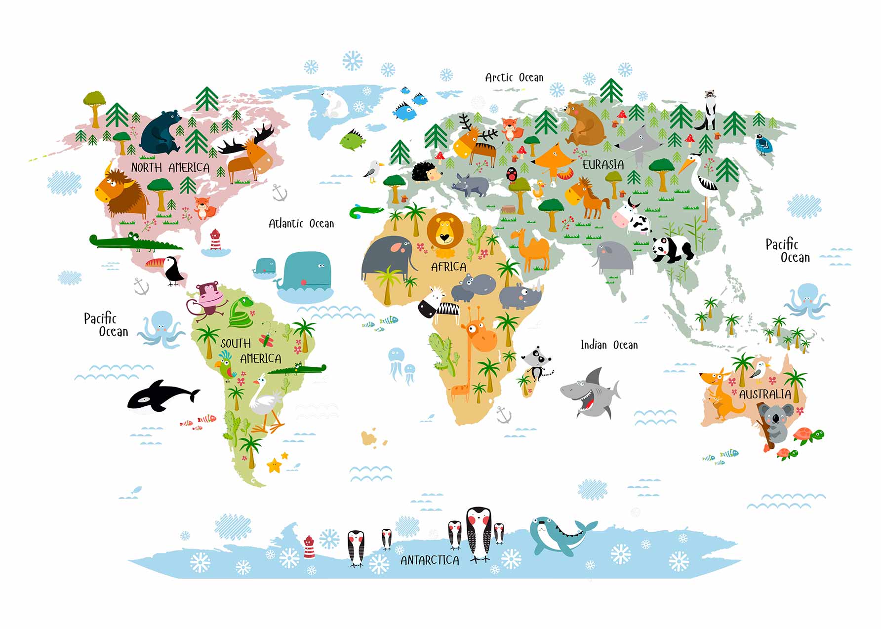 Animal World Map Poster - Animal map illustration (70x100 cm)