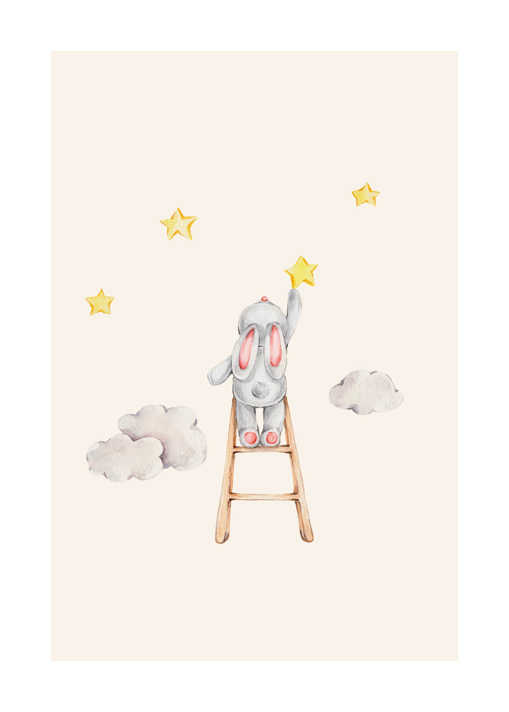 Bunny Picking Stars plakat - Dyreillustration (50x70 cm)