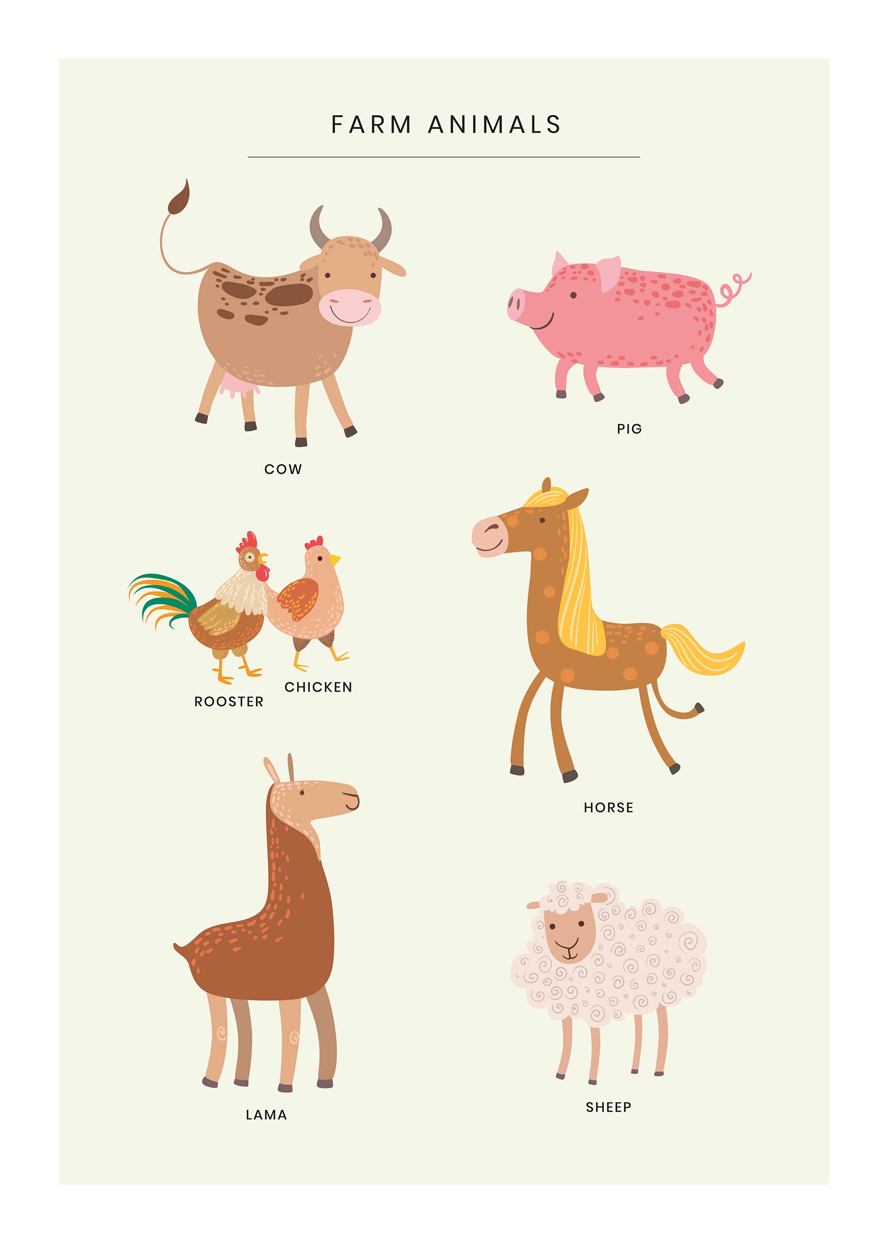 Farm Animals Poster - Animal illustration (50x70 cm)