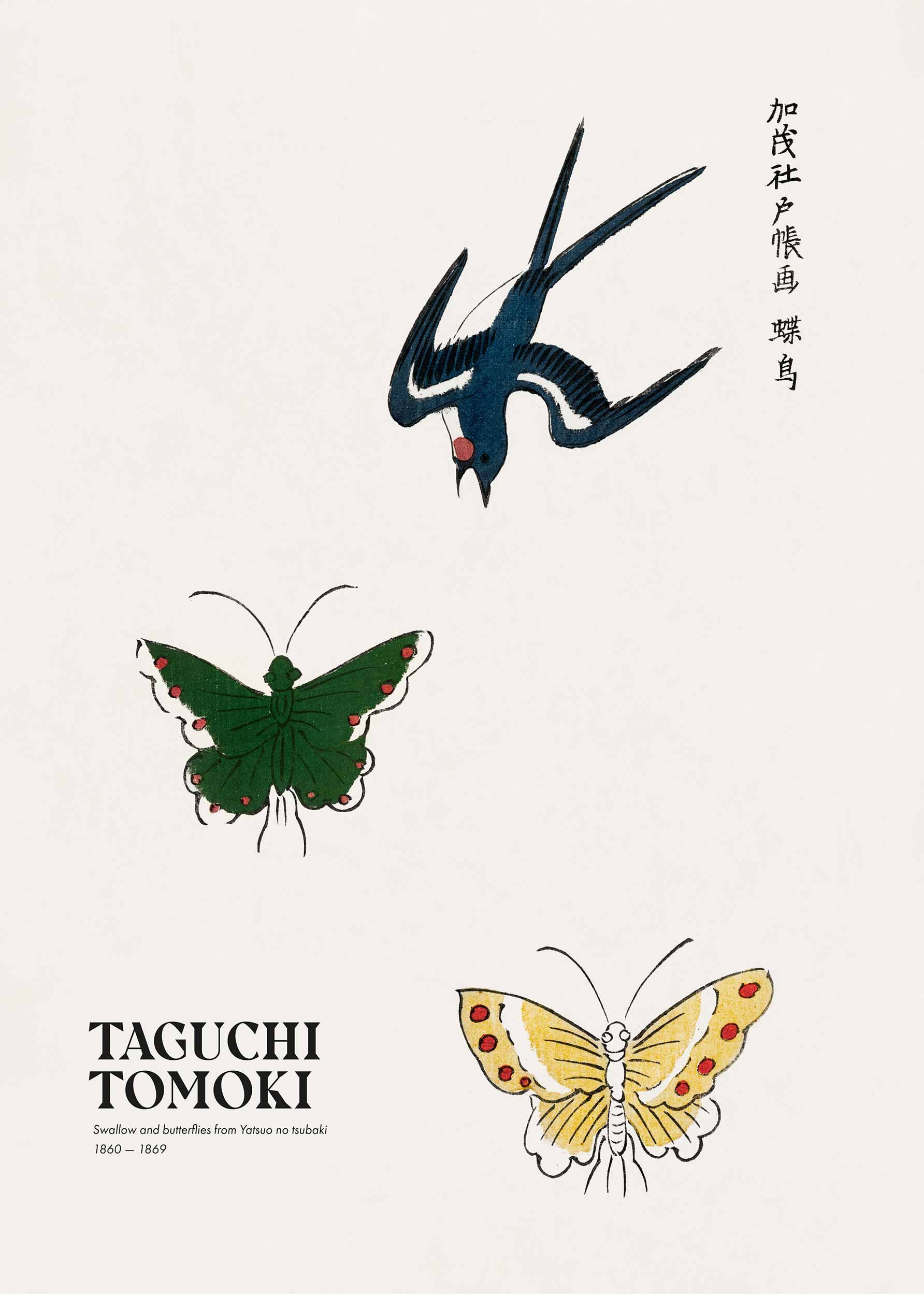 Swallow and Butterflies by Taguchi Tomoki Poster - Tiergrafik (50x70 cm)