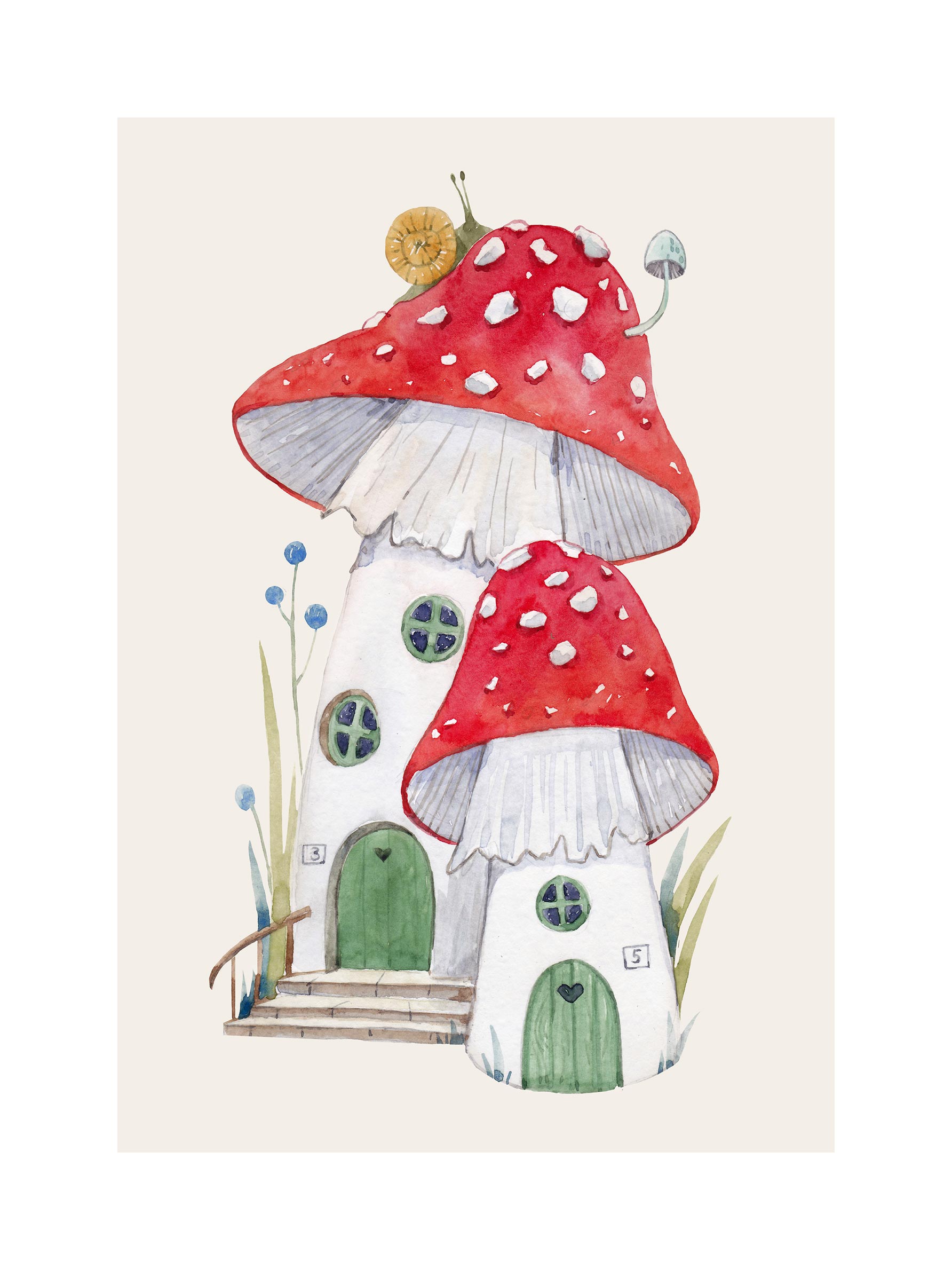 My Mushroom House plakat - Svampehuse i akvarel (30x40 cm)
