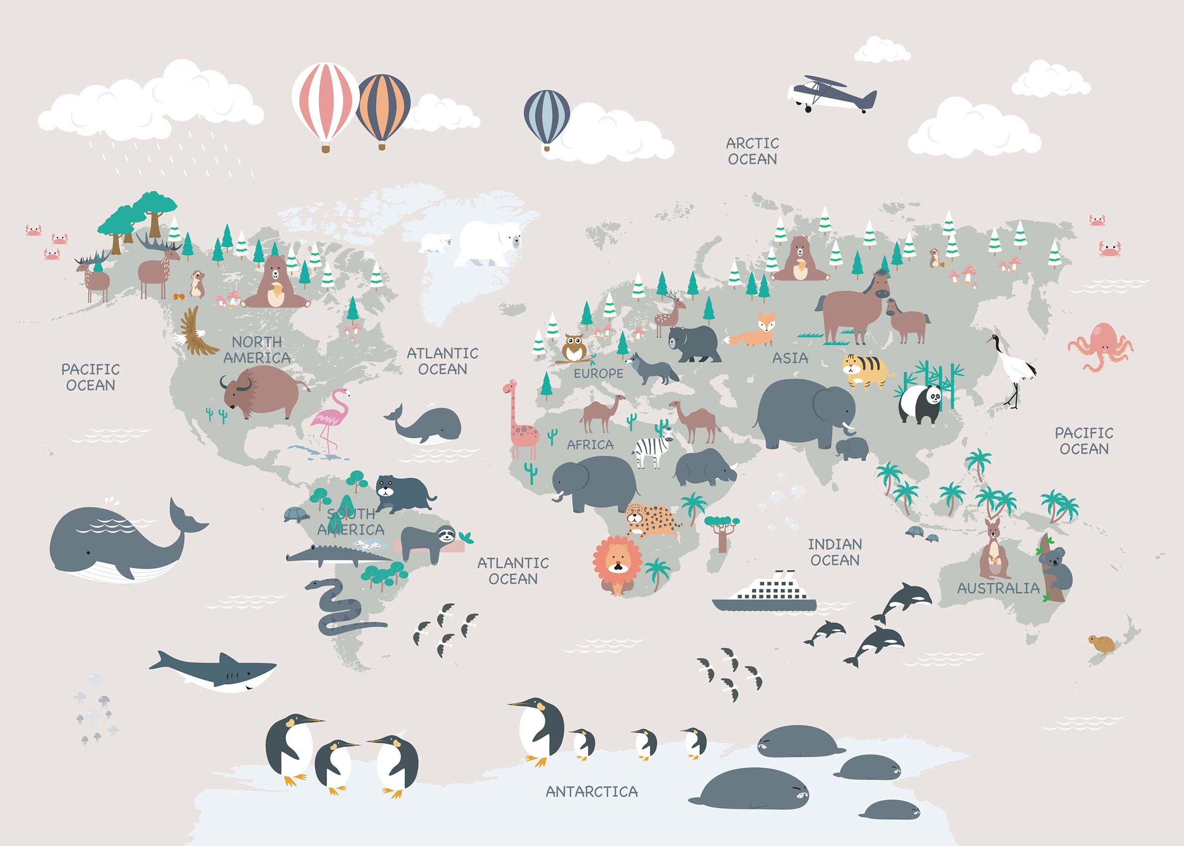 Animal World Map Beige Poster - Animal world map illustration (70x100 cm)