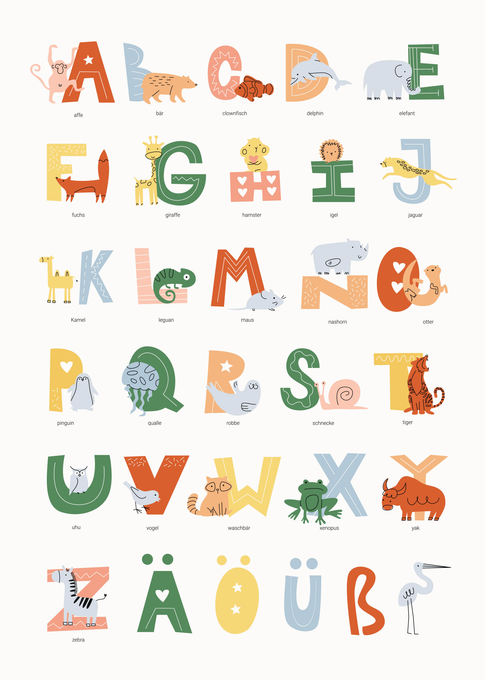 German ABC Poster - Animal illustration (50x70 cm)
