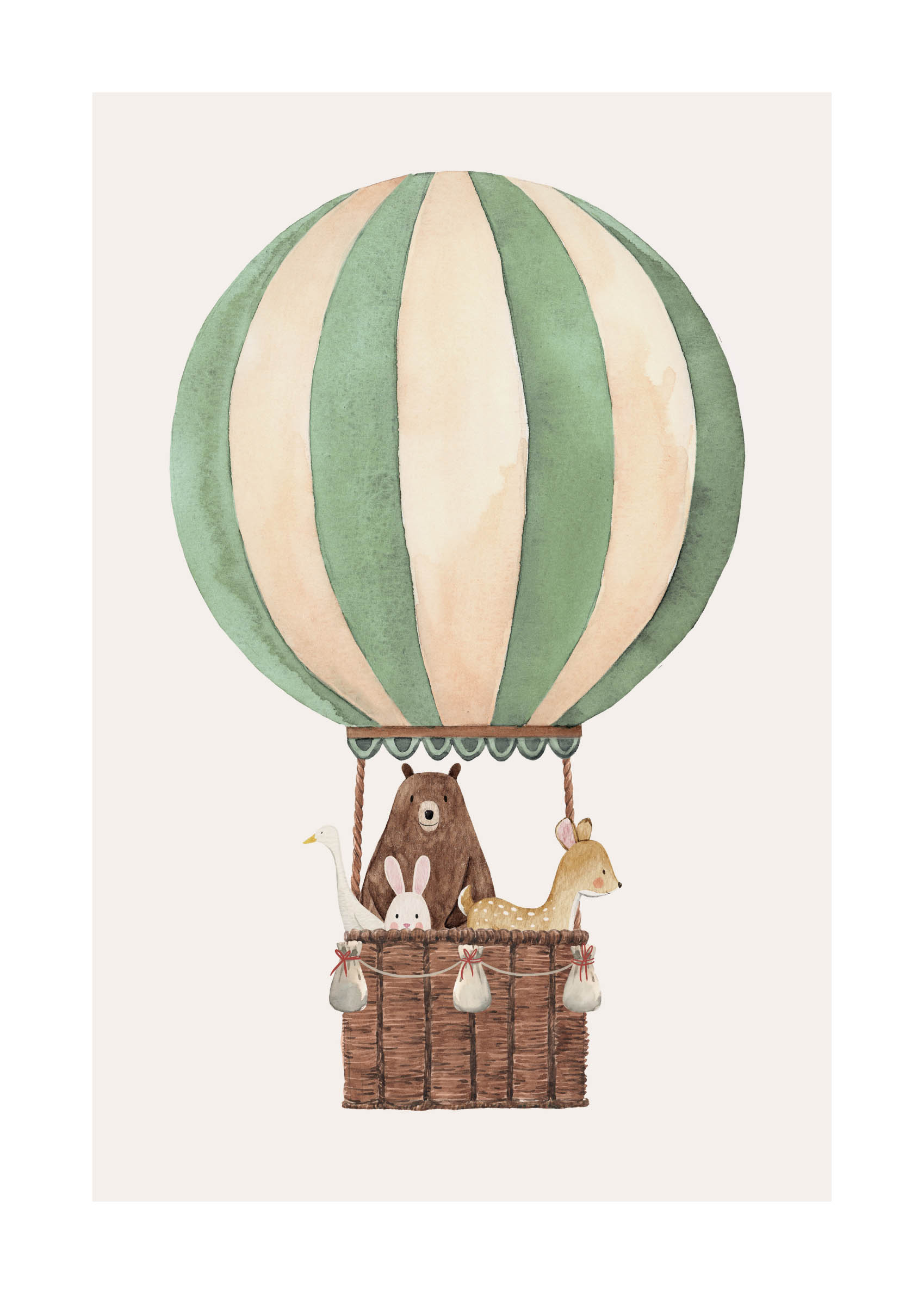 The Green Balloon Ride Poster - Animal illustration (50x70 cm)
