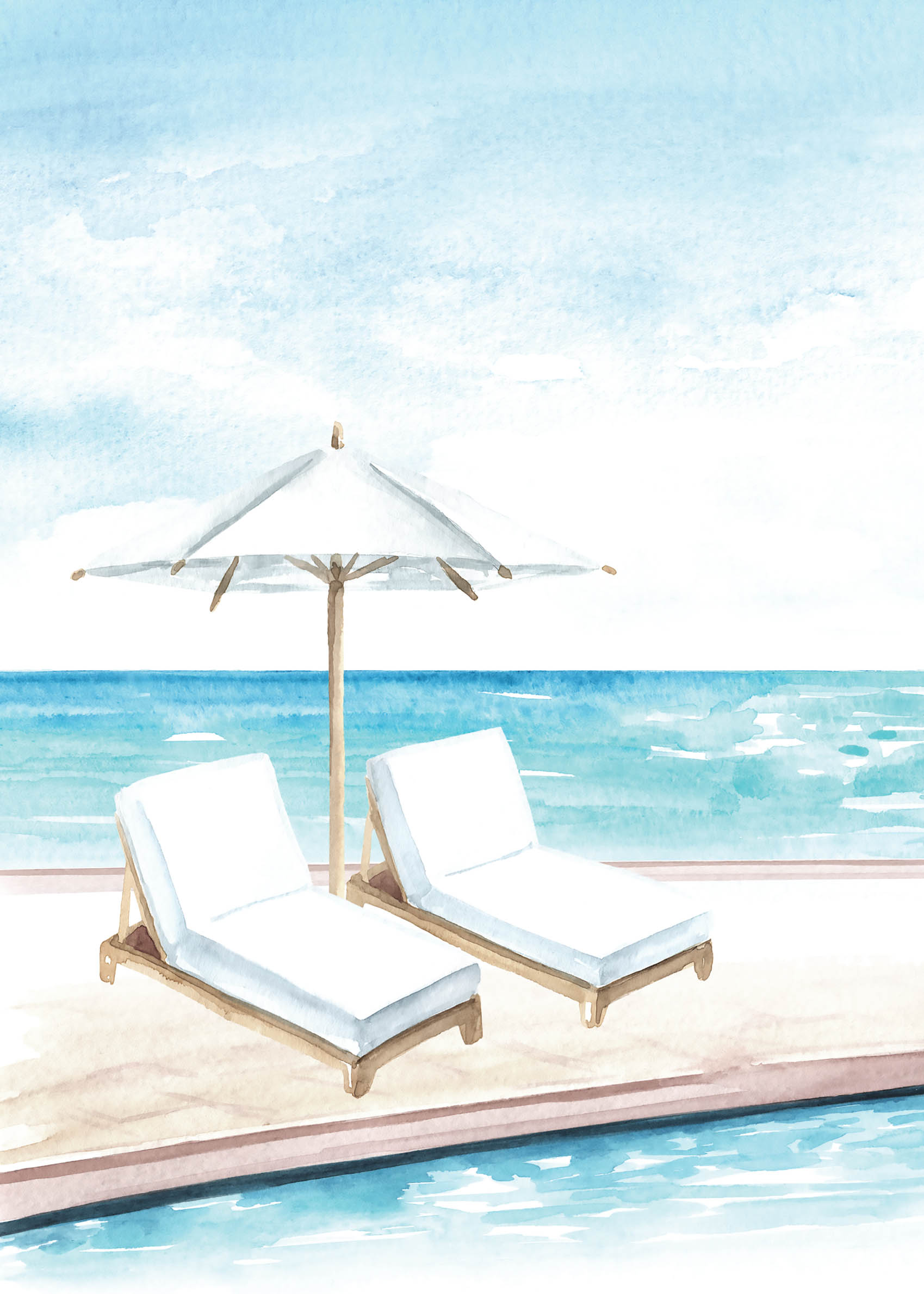 Sun Chairs plakat - Strandakvarel (30x40 cm)