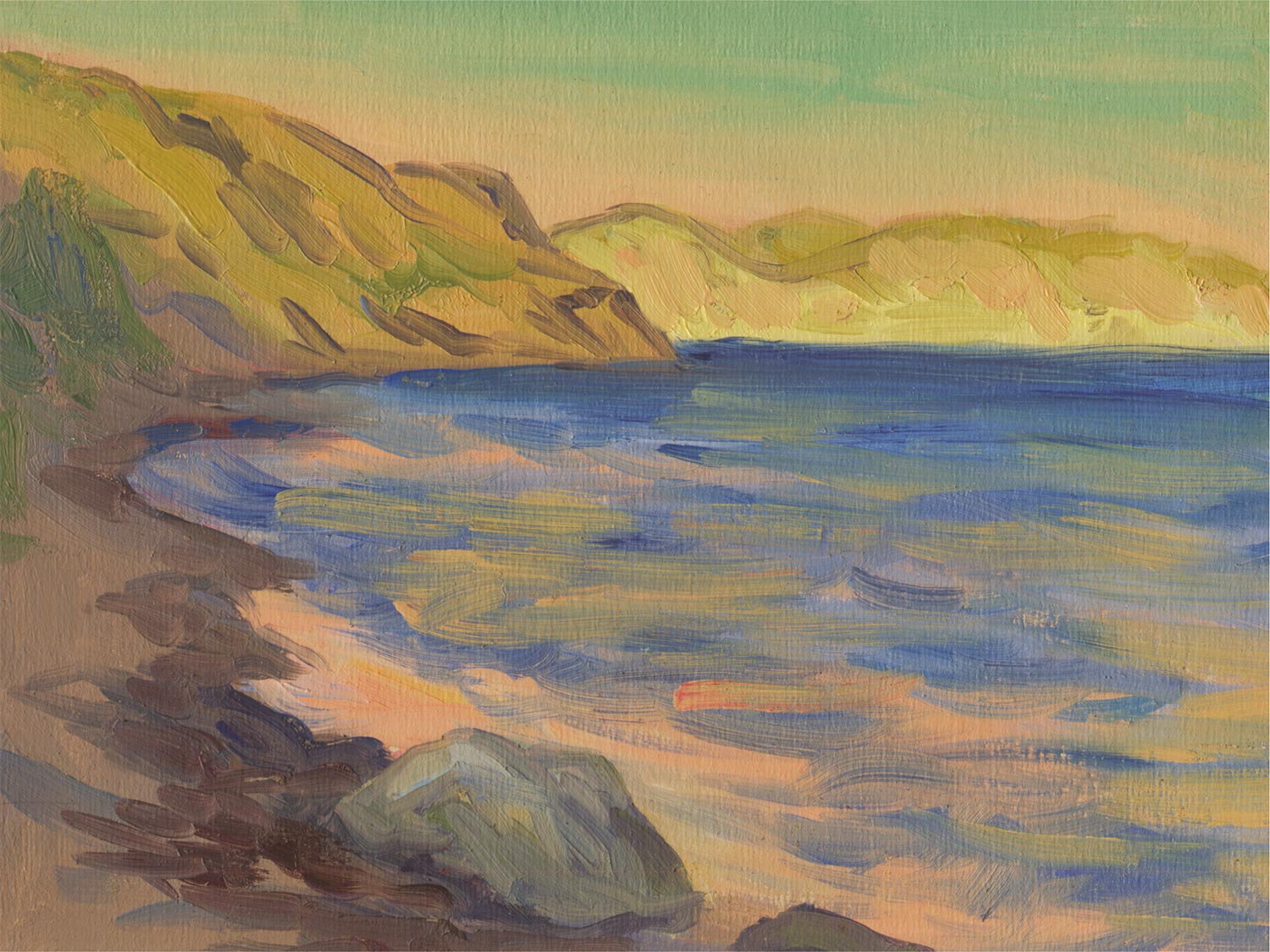 Beach in Golden Sunset Poster - Küstenlandschaft Grafik (50x70 cm)