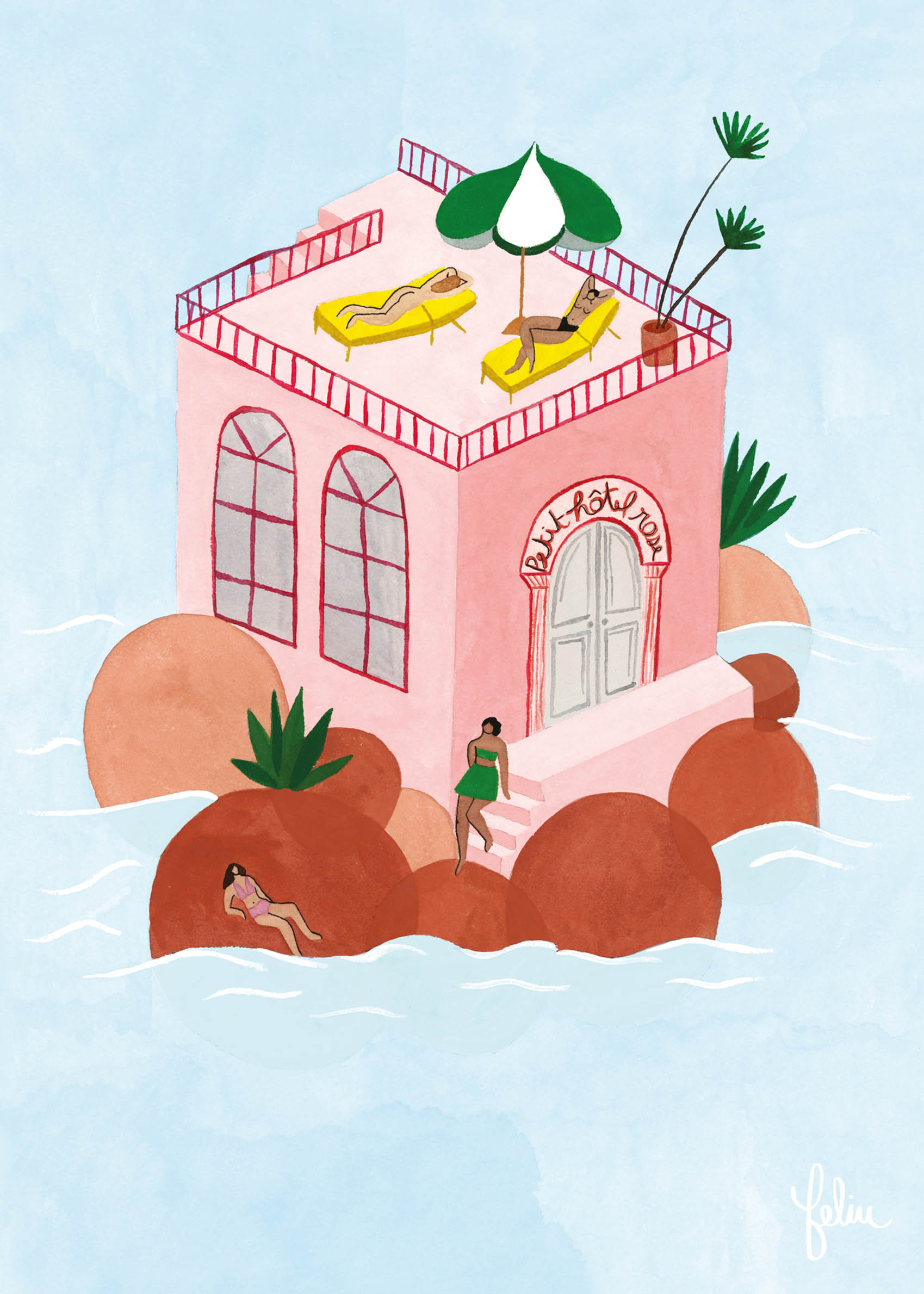 Petit Hotel Rose Poster - Beach house illustration (50x70 cm)