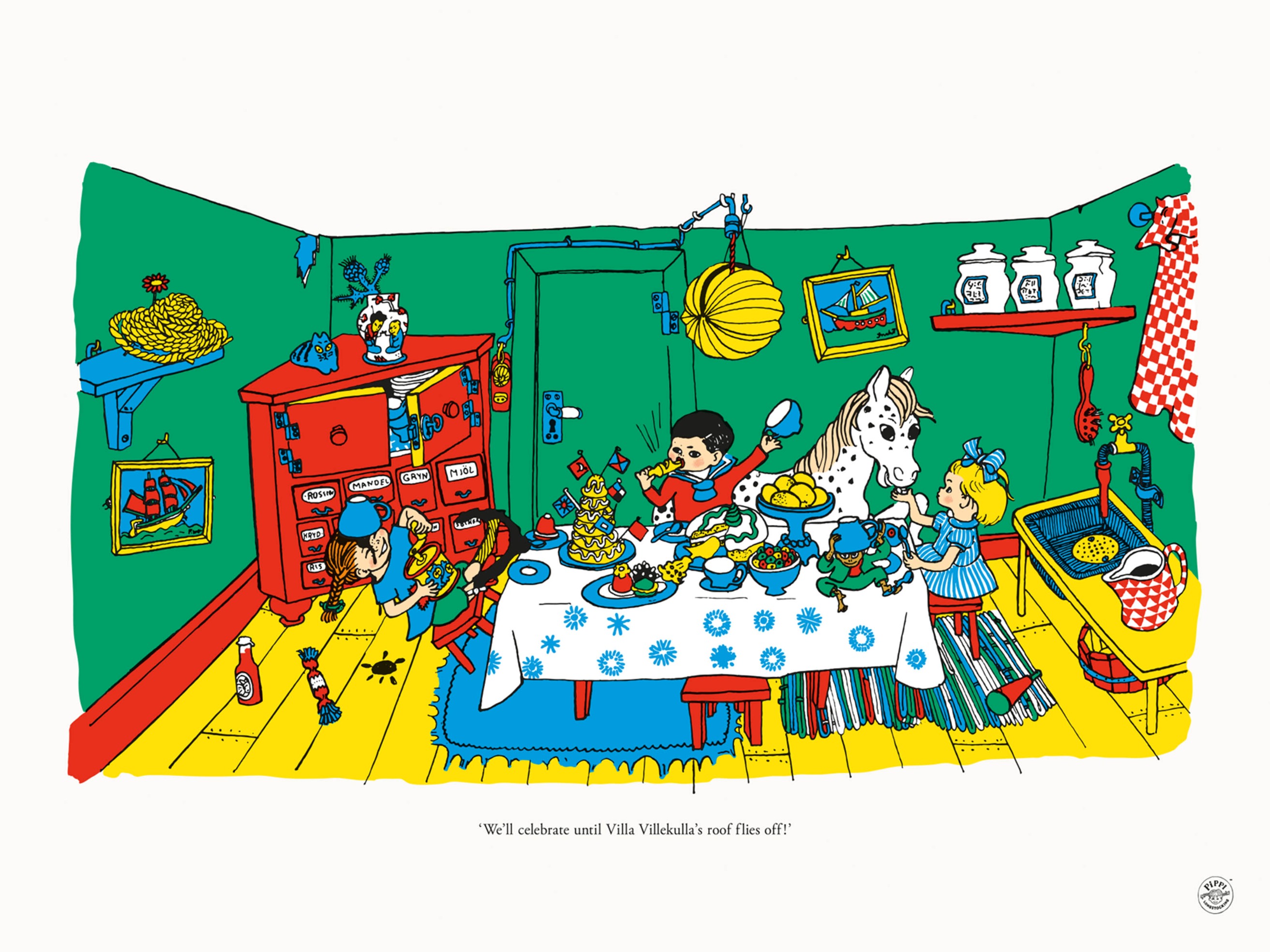 Pippi Birthday Party Poster - Party scene illustration (50x70 cm)