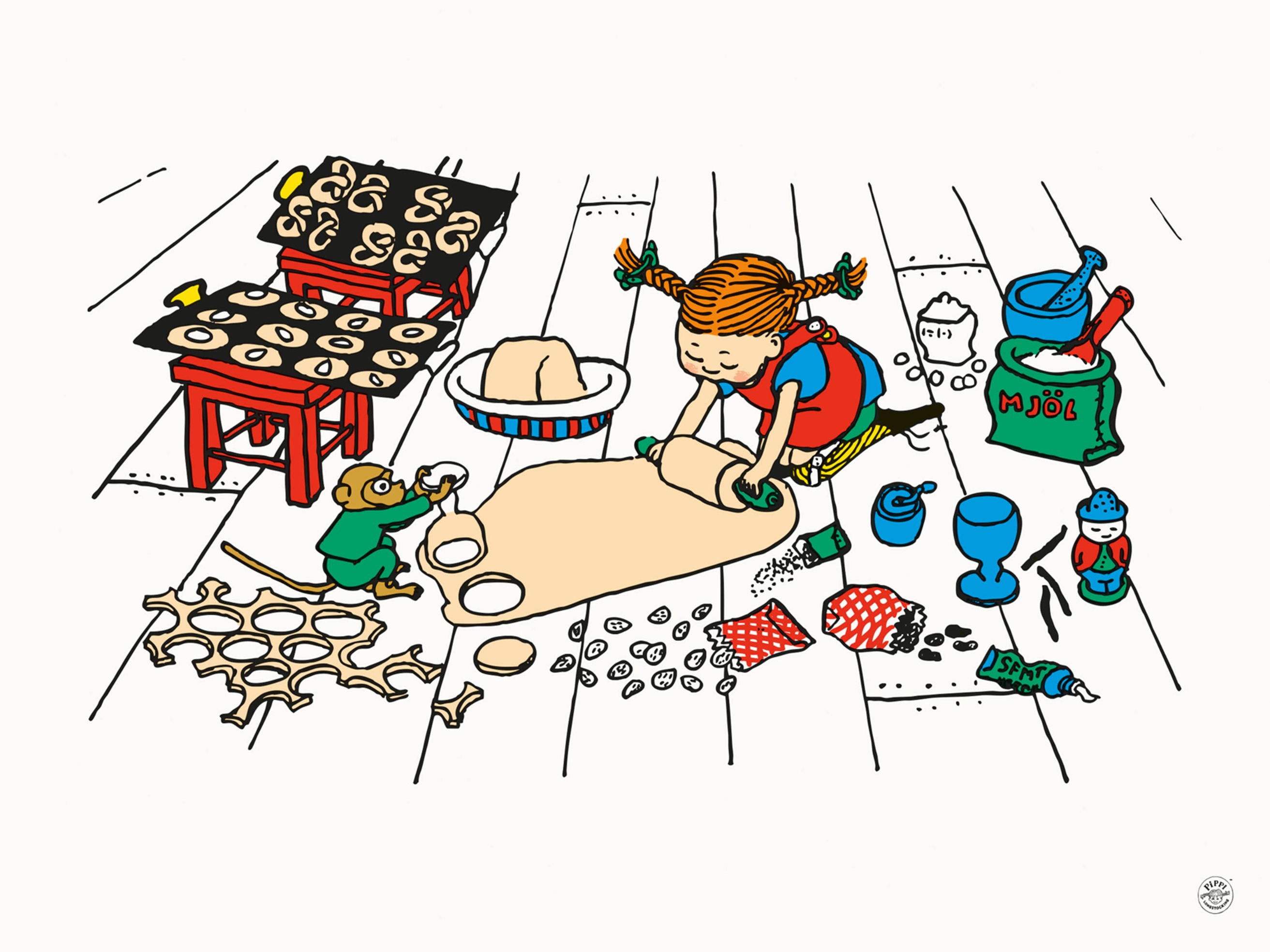 Pippi Making Biscuits Poster - Children's kitchen illustration (50x70 cm)